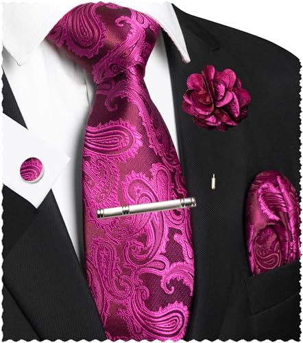 JEMYGINS Paisley Bordado Diseño Corbata Set Hombre Pañuelo de Bolsillo Clip de Corbata, Gemelos Flor para Boda Fiesta Negocios Multicolor, fucsia, M