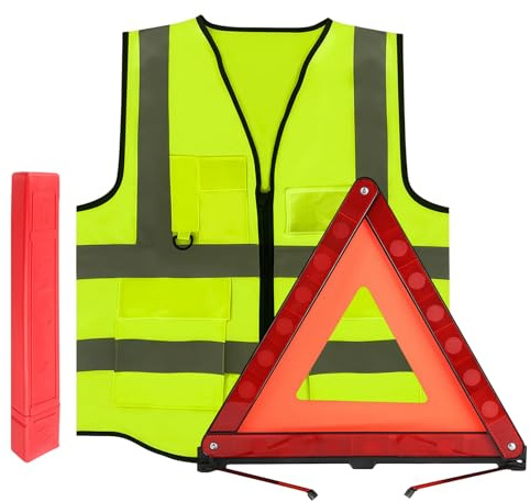 2in1 Triangle et Gilet Jaune pour Voiture,Triangle de Signalisation Voiture et Gilet Jaune Haute,Triangle de Sécurité Présignalisation,Triangle Pliable,Kit Securite Voiture avec éTui de Rangement
