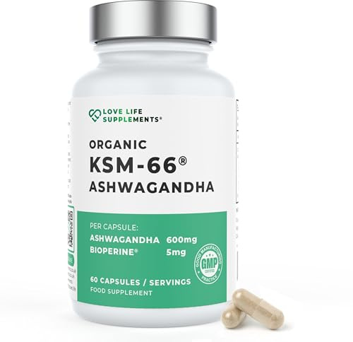 Organic KSM-66� Ashwagandha High Strength, 600mg per Capsule, 5% Withanolides, 60 Capsules - 2 Month Supply, Bioperine� for Increased Absorption, Zero Fillers, Lab Tested - Love Life Supplements