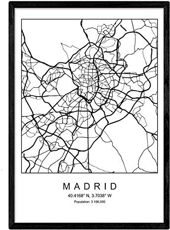 Nacnic Lámina mapa de la ciudad Madrid estilo nordico en blanco y negro. Poster tamaño A4 Enmarcado con marco negro Impreso papel 250 gr. Cuadros, láminas y posters para salon y dormitorio