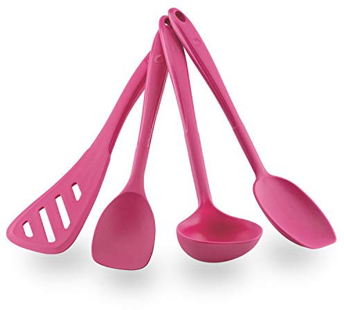 Kochblume Küchenhelfer-Set - Design-Schlitzwender L & Soßenlöffel L & Schöpfkelle L & Flexlöffel L 4er Set | Premium-Silikon | Hitzbeständig | Spülmaschinenfest | Farbe: pink