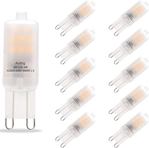 Auting Bombillas LED G9 2W, 20 W Bombilla Halógena Equivalente, Blanco Cálido 3000K, 200LM, Sin Parpadeos, No Regulable, Pack de 10 Unidades