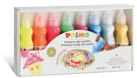 PRIMO - Abwaschbare Temperafarben für Kinder ab 3 Jahren mit 8 Farben für Kleine Künstler, 50 ml mit Spender, Temperafarben für Stoff, Papier, Glas, Malerei für Kreative Arbeiten, Stark Abdeckend
