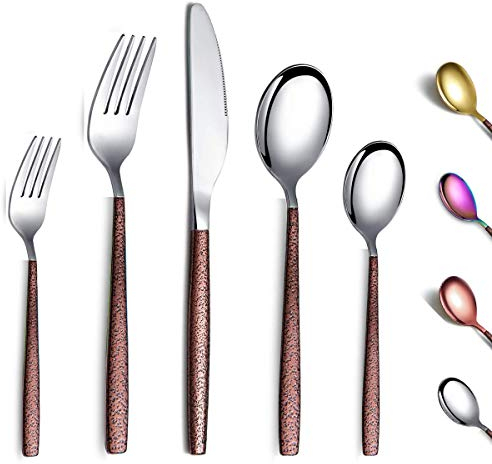 Berglander Besteck Set 30 Stück mit Mondoberfläche Griff und glänzend glänzendem Mund Titanbeschichtung, Edelstahl Modernes Besteck Set Utensilien Set Service für 6