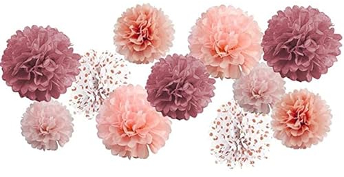 Seidenpapier Pompoms Rose gold, Papier Blume Rose gold Farbverlauf Polka-Punkte für Hochzeit,Geburtstag,Party(12 Stück)