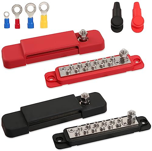 12 Terminal Power Distribution Block Bus Bar,48V 180Amps Rating Marine Bus Bar, Automotive and Solar Wiring - Battery Terminal Distribution Block,Equipped with 32PCS Ring Terminals,（Pair, Red & Black）