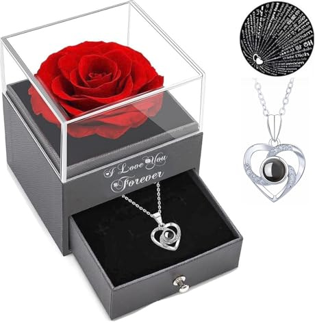 Regalo Dia de La Madre - San Valentin Regalos Mujer - Regalo para mujer, relleno de calcetines de Navidad, rosa roja con collar I Love You, flores, regalos de rosas para mujeres,mamá, esposa y novia