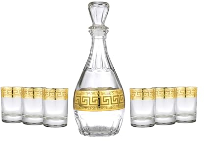 Joseph Sedgh Collection Greek Key Decanter and Shot Glass Set of 7 – 16.9 oz Decanter, 2 oz Shot Glasses. Ideal for Tequila, Vodka, Aperitif. Dishwasher Safe Premium European Grade Glassware