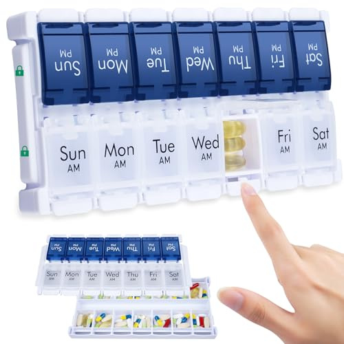 CSTDE Weekly Pill Organiser 2 Times a Day, Easy Fill Large Pill Box, Blue | 7 Day Am Pm Medicine Organiser, Push Button Daily Pill Case for Vitamin, Fish Oil, Supplements
