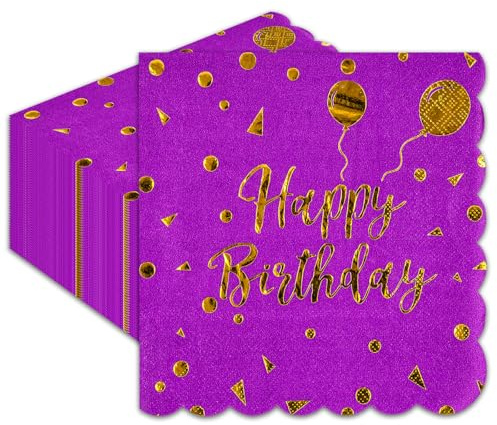 Lot de 40 serviettes de table jetables en papier violet doré, 33 x 33 cm, accessoires de décoration pour cocktail, dîner, mariage, fête, anniversaire, fête