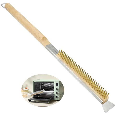 Brosse Four Pizza 52 cm avec Grattoir Acier Inoxydable & Poils Laiton, Accessoires Pierre Pizza Extérieurs Manche Bois Caoutchouc, Réfractaire Main Eliminer Suie pour Grille Barbecue Fumoir Nettoyage