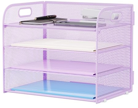 Marbrasse Desk Trays Organiser,4 Tier Letter Paper Tray with Handle,Mesh in Tray for Desk Office Home A4 File Document Storage (Purple)