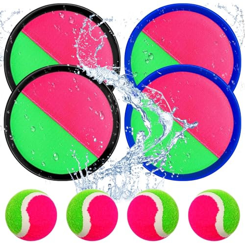 Toss Catch Ball Outdoor Game, Beach Ball Games Outdoor Beach Toys 4 Paddles and 4 Balls Portable Beach Yard Lawn Sport Game for Kids Family