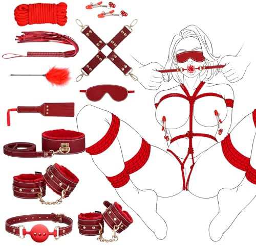 BDSM Bondage Restraints Sex Toys - UTIMI Upgrade 11PCS BDSM Kits with Adjustable Handcuffs Collar Ankle Cuff Blindfold Feather Tickler Adult Games Sex Toys for Men Women and Couples Foreplay | Red
