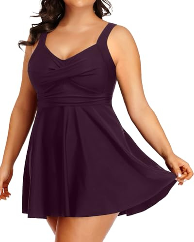 Tempt Me Dark Purple Women's Plus Size Swim Dress - One Piece Swimsuits Tummy Control Bathing Suit Swimwear 2025 20W