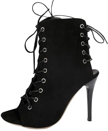 Botas de Baile Latino Mujer Zapatos Botines de Baile Botas Tacón Alto Heels Dance Shoes Botas Gladiador Romanas con Cordones Cómoda Flexible Tobillo Transpirable de Malla Bailes Punta Peep-Toe
