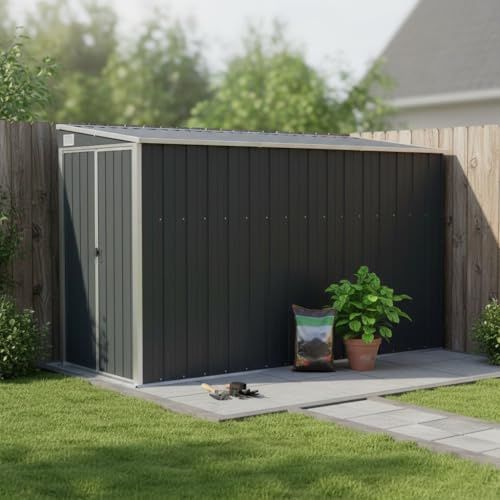 Casetta da giardino in metallo, antracite, 118x288x178 cm, in acciaio zincato, con pavimento, a parete, per attrezzi e mobili da giardino