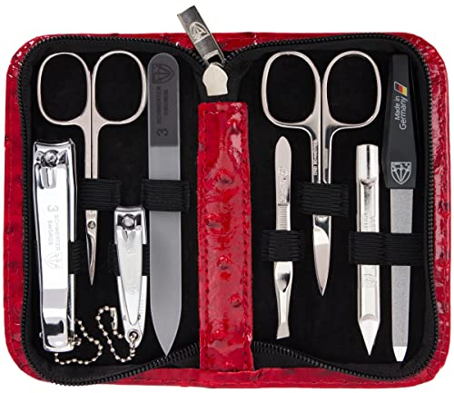 DREI SCHWERTER - Maniküreset 'Roma' - Nageletui mit 8 Instrumenten: Nagelschere, Hautschere, Fuß/Finger-Nagelknipser, Nagelreiniger, Pinzette, Glasnagelfeile, Saphirnagelfeile - rot/straussoptik