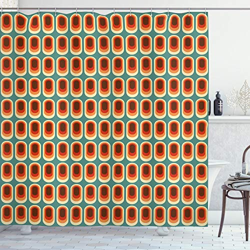 ABAKUHAUS Retro Duschvorhang, Vintage Mode-Ethno, Stoffliches Gewebe Badezimmerdekorationsset mit Haken, 175 x 180 cm, Orange Grün
