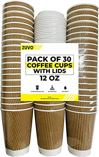 Zuvo Geriffelte Papp-Kaffeetassen mit Deckel, 30 Tassen, 340 ml, ideal für Tee, Kaffee, heißes Wasser, Einweg-Kaffeetassen mit Deckel, 30 Stück, dreifach wärmeisoliert, für Büro, Kraftweiß
