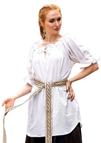 Leonardo Carbone® Damblus Verena | dragsko dekolleté | volangärmar | karneval, halloween, cosplay, LARP, medeltid, vikingare, kostym, tunika | 100 % bomull, Vit, 3XL