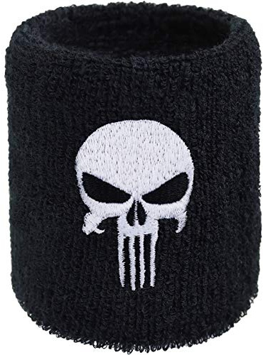 Punisher svettband dödskalle broderi svettband broderat & absorberande frotté hård rock biker merch konsert handledsband festival gåva svettarmband