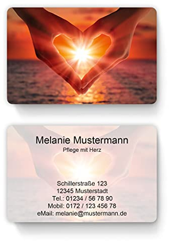 100 Visitenkarten, laminiert, 85 x 55 mm, inkl. Kartenspender - Design Hände Herz Sonne