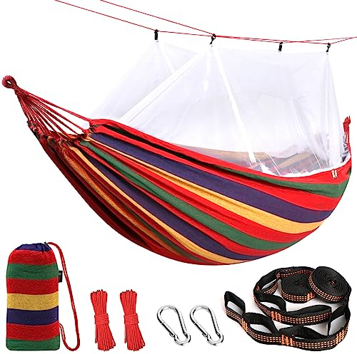 Anyoo Hängematte Outdoor mit Moskitonetz und Baumgurten, Atmungsaktives Langlebiges Netz-Hängematte Baumwolle für Garten, Balkon, Camping, Wandern, Rucksackreisen
