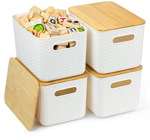 Ohmlove 4 Packs Storage Bins with Bamboo Lids - Plastic Storage Containers with Lids Stackable Storage Box：Storages Baskets for Organizing Desktop Closet Playroom Classroom Office,White