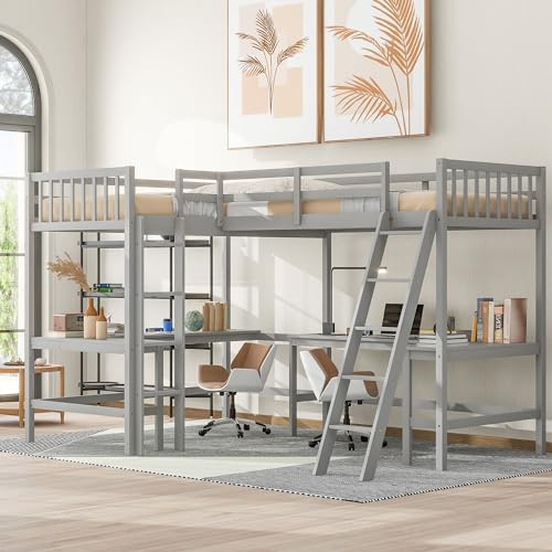 CITYLIGHT Twin Loft Bed for 2 with L-Shaped Desk, Loft Bed Double with Rails & Ladders, Study Pine Wood Frame, Noise Free, Grey