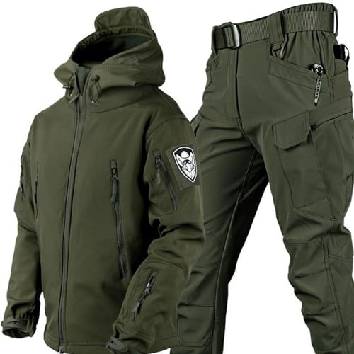 KEAAN Hommes Costumes De Pêche Hiver Peau De Requin Soft Shell Polaire Épais Alpinisme Camping Vêtements Tactiques Formation Étanche Ensemble-Army Green||4XL