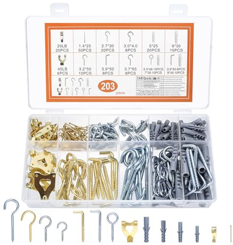 203 Colgador Cuadros Set: Ganchos de Rosca para Colgar, Ganchos Roscados, Gancho de Ojo, Ganchos de Techo de L, Ganchos de Tornillo, Alcayatas Pared, Ganchos para Colgar Cuadros Marco Pinturas