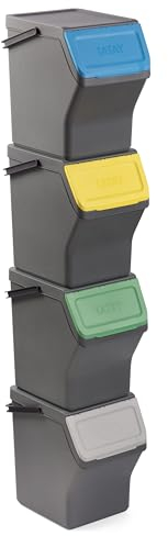 TATAY Contenitori Differenziata Easy Waste 20L | Set da 4 | Design Modulabile e Impilabile | Coperchio con Sistema Click | Manico Integrato per il Trasporto | Materiale Riciclato | 35x27x36cm, Grigio
