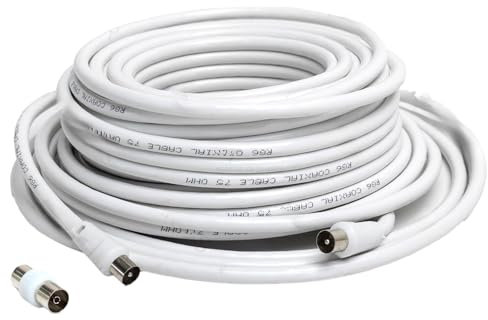 VoltShine Câble coaxial RG6U 20 m avec connecteurs mâles à mâles et accessoires, idéal pour les connexions TV et systèmes audio.