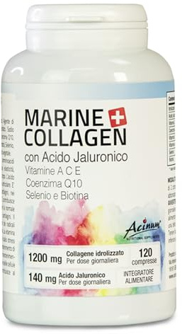 Acinum Integratore di Collagene Marino con Acido Jaluronico, Vitamine A, C, E, Coenzima Q10, Selenio e Biotina, 120 Compresse da 1200 mg