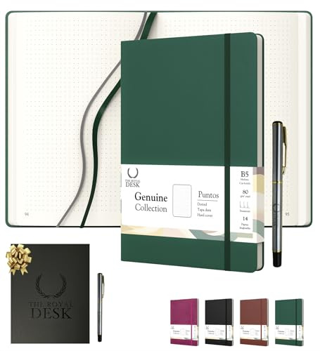 TRD Libreta de puntos B5 de tapa dura y cuero vegano. Cuaderno punteado 250 páginas numeradas de folios crema, tamaño ideal 25,5x18cm. Bullet journal para Escritores,Negocios, Diaristas PV