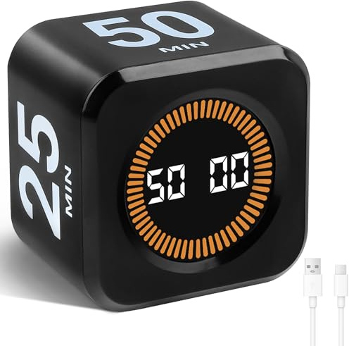Cuteefun Cubo Temporizador Visual, Pomodoro Timer Rotativo, 5/10/30/60 Minutos y Cuenta Atrás Personalizada, Modo Silencio y Timbre, Alerta Sonora Ajustable para Cocina, Estudio, Reunión, Negro