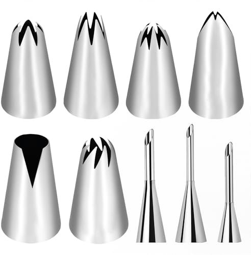 RTRTGS RT Set 6 Boquillas Grandes (2D/1M/112/108E/2F/580) + 3 de Relleno, Acero Inoxidable, para Manga Pastelera - Decoración Cupcakes, Tartas, Churros, Croquetas - Compatible con Wilton