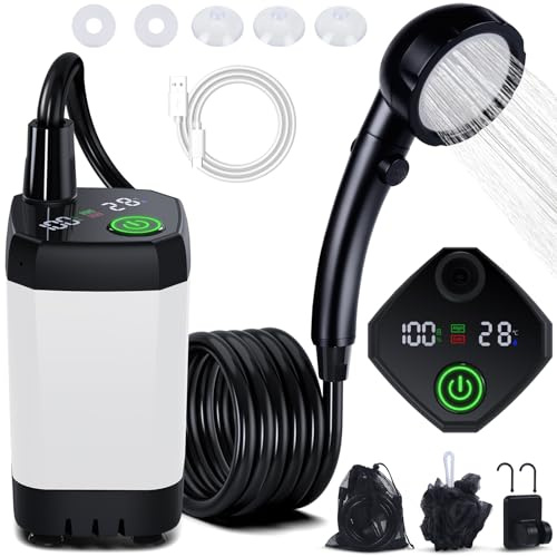Spopal Camping Douche Portable, Kit Douche de Camping,Pompe de Douche Électrique Rechargeable,6000mAh, Imperméable,avec Afficheur Intelligent et Pomme de Douche 4 Modes pour Extérieure,Camping
