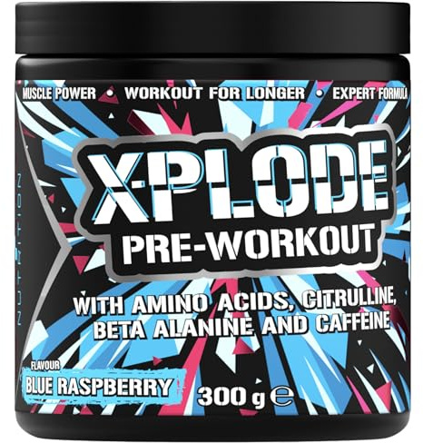 SCI-MX - X-PLODE Pre-Workout - 300g - Blue Raspberry Flavour - 250mg Caffeine, 6g Citrulline Malate, 3.2g Beta Alanine/Serving - Suitable for Vegetarians + Vegans