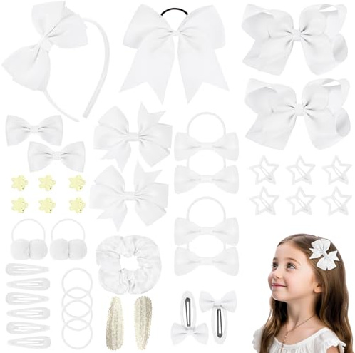 LOPHE Épingles à Nœuds 77 Pièces - Ensemble Accessoires Cheveux Filles École, Fêtes, Jour Jour - Doux, Accessoires de Cheveux pour Filles Bowknot Barrettes Bébés, 3-12 Ans,Blanc