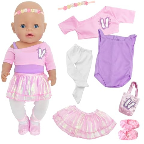 Baby Doll Clothes for 12-14 Inch Doll，5 Pcs Baby Doll Accessories for 30-35cm Dolls with Butterfly Ballet Top Playsuit Skirt Pants Shoes Bag Headband Pink Doll Clothes for Kids Birthday Gift
