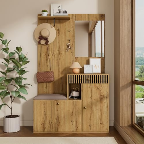 Set de perchero, perchero compacto, perchero de entrada con espejo y cojín acolchado, armario de entrada, mueble de salón, estante, paneles de perchero de entrada y vestíbulo, zapatero, 110 x 185,5 x