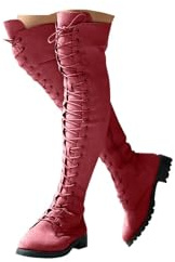 Red Slouchy Knee High Boots for Women UK,Low Chunky Heel Boot with Side Zipper Round Toe Booties Ladies Casual Suede Shoes Winter Non Slip Dressy Comforable Wedge Warm Wide Flat Booties