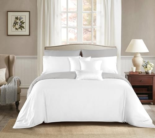 Etrexonline Juego de Funda Nórdica 4 Piezas Cama 180 - Reversible Doble Color - Microfibra Suave - 1 Funda Edredón 260x240 cm, 1 Bajera 180x200 cm y 2 Funda Almohada 50x80 cm (Blanco y Gris)