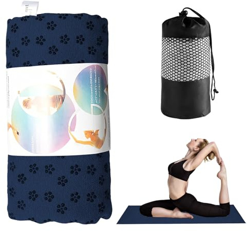 Halkfri yogahandduk med nätväska – 183 × 63 cm snabbtorkande maskintvättbar yogamatta handduk för varm yoga, pilates och träning (marinblå)