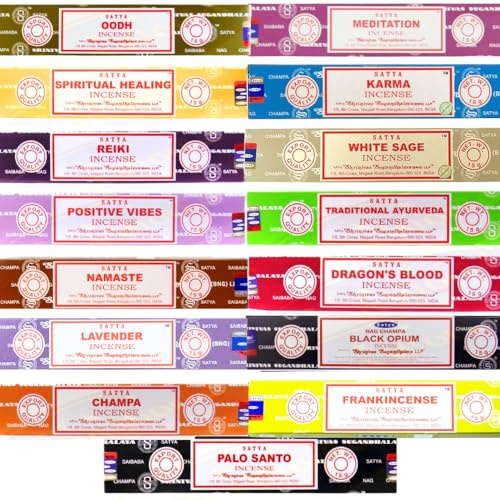 SATYA Pack 15 Pz. Incensi: Positive, Namaste, Champa, Reiki, Spiritual, Karma, Ayurveda, Meditazione, Opium, LAVANDA, Frankincense, Dragon's, Salvia Bianca, Oodh, PALO SANTO (15 CONFEZIONI)
