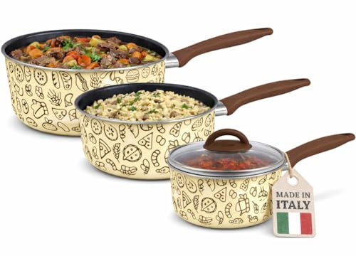 BAKAJI Tris Casseruole Pastella da 16-18 - 20 cm con 1 Coperchio in Vetro, Fondo Antiaderente, Manico Soft Touch, Adatto a Piani Cottura a Gas