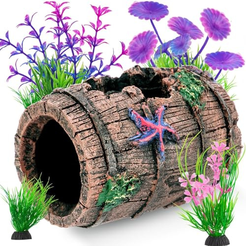 DXPETA 4-Piece Fish Tank Decorations Fish Tank Decorations, Betta Fish Tank Accessories Aquarium Ornaments, Broken Barrel Cave Decor, Starfish Barrel x 1, Fish Tank Plants x 4