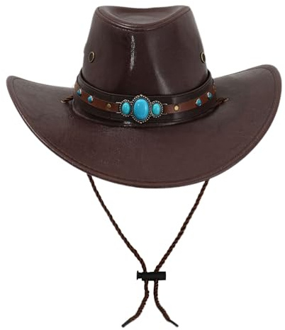 Buxuaaaa PU-läderhatt unisex västerländsk hatt bred kant solskydd vandring för västerländsk tema firande mode gentleman hattar, Rödbrun, one size